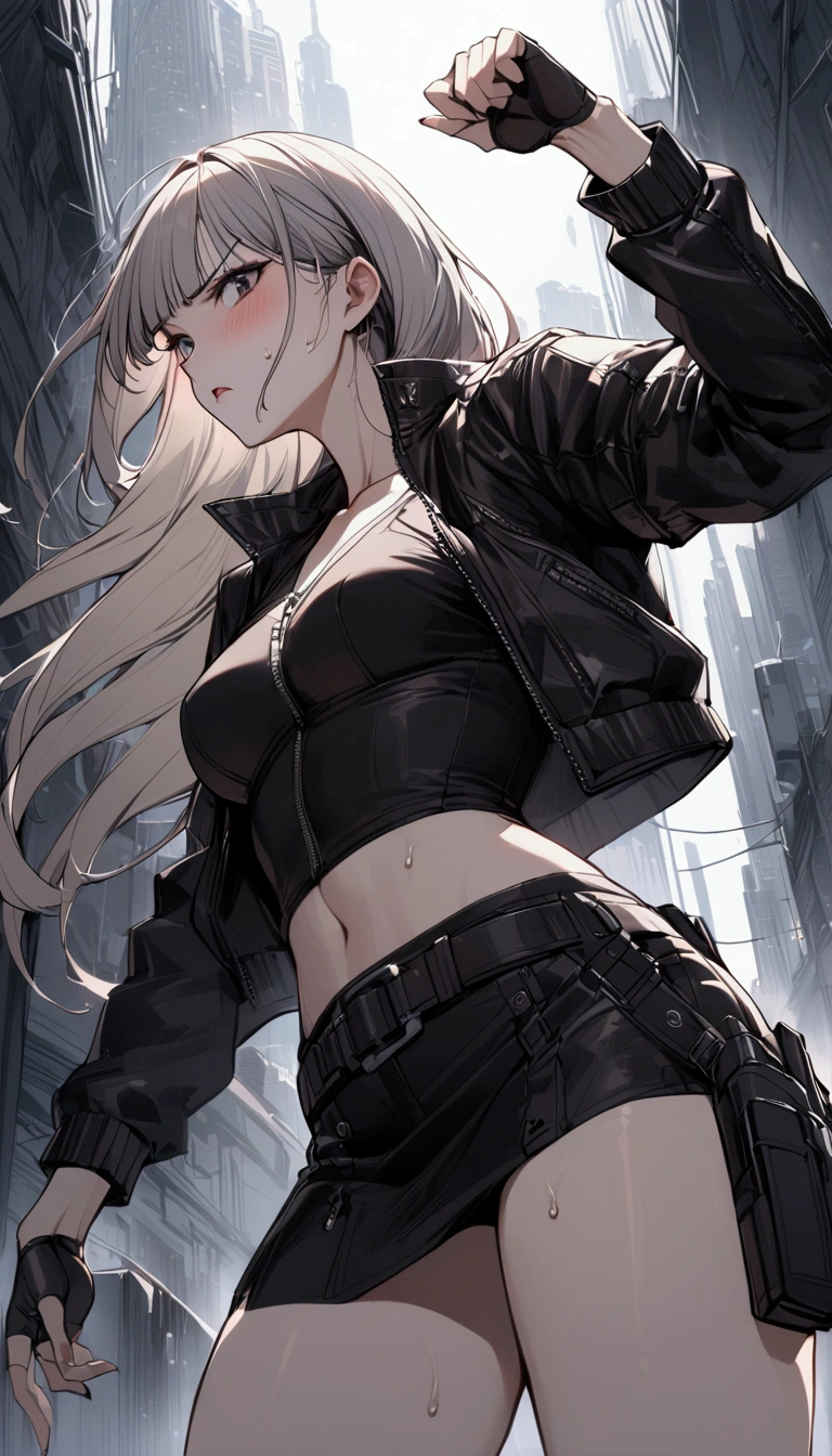 from below,dutch angle,from side,{{masterpiece}}, {{{Highest quality}}},{{Very detailed}},{{Fight}},{{fighting stance:1.6}},{{Cyberpunk style female warrior}},{{critical situation:1.6}},{{cyberpunk}},Beautiful thighs,1girl,30years old,{Mature Woman}},,{{Tight leather jacket:1.2}},belt,black fingerless gloves,blouse．Clavicle,　　skirt,holster,{{Grit your teeth:1.4}},,{{v-shaped eyebrows}},Bad mood,blush,Sweat,raise one's eyebrows　,{{View your viewers}}、straight long hair ,blunt bangs．abdominal pain ,{{pain}}, 