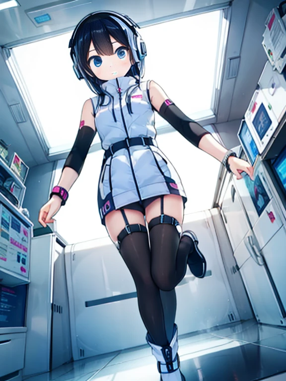 (Highest quality), (masterpiece), 1080P, High resolution, 4K, 8k, Inside the space station、Futuristic room、jumping:1.5,zero gravity,floating,Thigh straps, Shooting from directly below, The woman on top of me, 白いSweat, Covered , Sweat, Woman looking down, Skirt swimsuit, I can see your pants。BREAK black long sleeves,black tights,BREAK thigh-high socks, futuristic boots,headphone,To achieve this, , , whole body, Black leather shoes, Braided hair, Inner Color, Embarrassed face, Short black hair, bracelet, Bedroom,white downVest,celestial body_Vest
