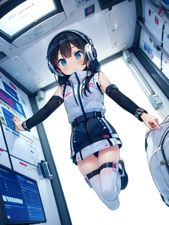 (Highest quality), (masterpiece), 1080P, High resolution, 4K, 8k, Inside the space station、Futuristic room、jumping:1.5,zero gravity,floating,Thigh straps, Shooting from directly below, The woman on top of me, 白いSweat, Covered , Sweat, Woman looking down, Skirt swimsuit, I can see your pants。BREAK black long sleeves,black tights,BREAK thigh-high socks, futuristic boots,headphone,To achieve this, , , whole body, Black leather shoes, Braided hair, Inner Color, Embarrassed face, Short black hair, bracelet, Bedroom,white downVest,celestial body_Vest
