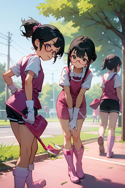 Three  girls with glasses and black hair tied up, wearing short-sleeved gym clothes and shorts, wearing long pink rubber gloves and white rubber boots, are cleaning up a schoolyard in midsummer.