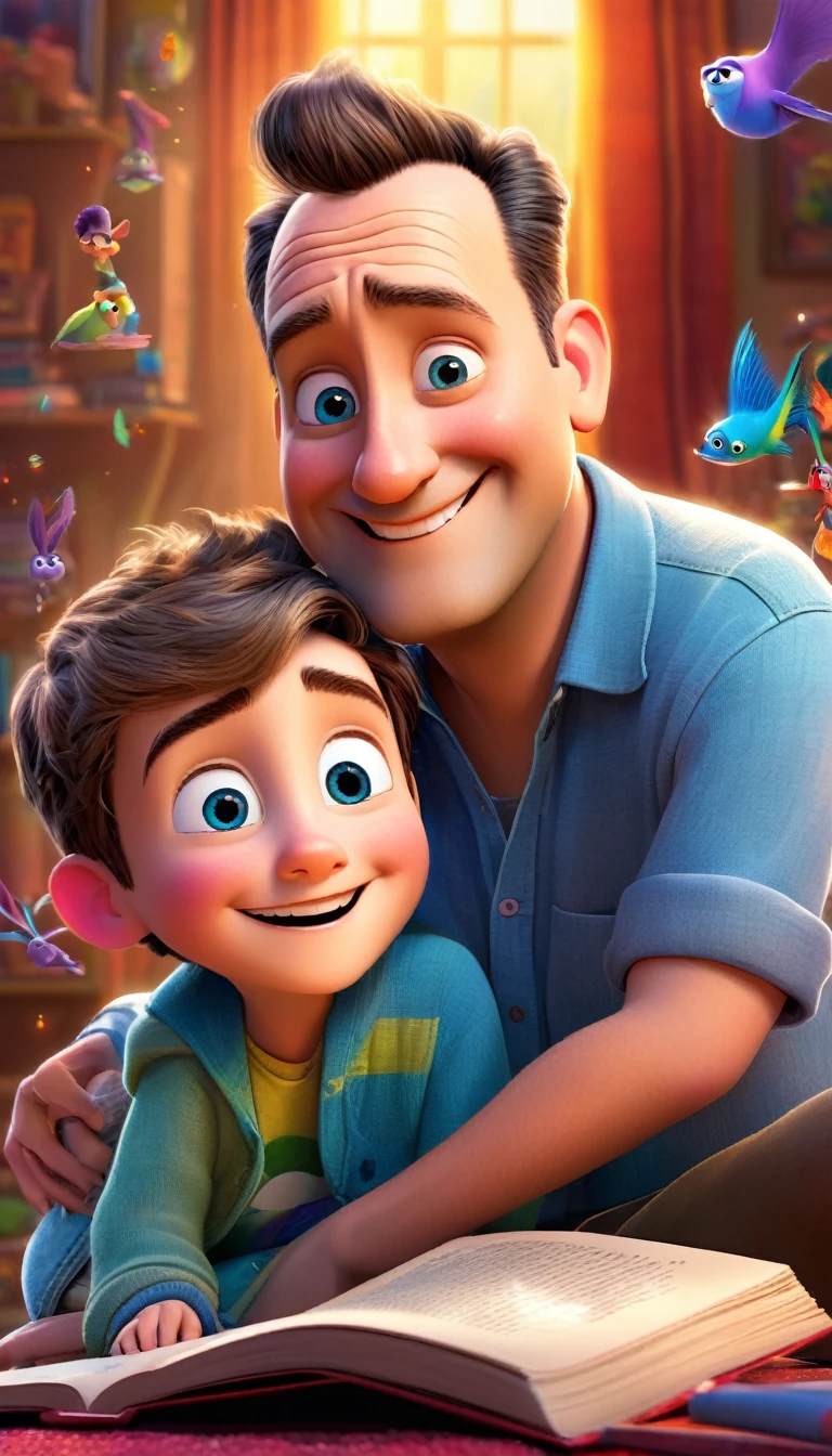 (wide amgle:1.2),(bright and vibrant colors), (highres), (realistic:1.37), Disney Pixar Movie poster, (art by Kevin James), skinny, no muscle, (55 years old man and his son),father and son, (beautiful detailed eyes:1.1), (beautiful detailed lips:1.1), smiling with a warm expression, (charming appearance:1.1), (professional lighting), (ultra-fine rendering), upper body shot, (expressive facial features:1.1), reading a book to the son, (reading intently:1.1), surrounded by magical elements representing different Pixar movies, (dynamic composition), (whimsical details), (playful characters), vibrant background, filled with color and joy, (3D render), (fantastical art style), (nostalgic aesthetic), (attention to detail:1.1).
