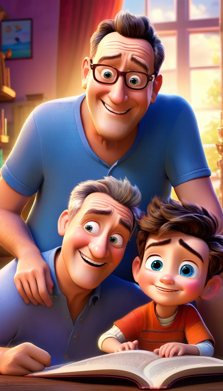 (wide amgle:1.2),(bright and vibrant colors), (highres), (realistic:1.37), Disney Pixar Movie poster, (art by Kevin James), skinny, no muscle, (55 years old man and his son),father and son, (beautiful detailed eyes:1.1), (beautiful detailed lips:1.1), smiling with a warm expression, (charming appearance:1.1), (professional lighting), (ultra-fine rendering), upper body shot, (expressive facial features:1.1), reading a book to the son, (reading intently:1.1), surrounded by magical elements representing different Pixar movies, (dynamic composition), (whimsical details), (playful characters), vibrant background, filled with color and joy, (3D render), (fantastical art style), (nostalgic aesthetic), (attention to detail:1.1).
