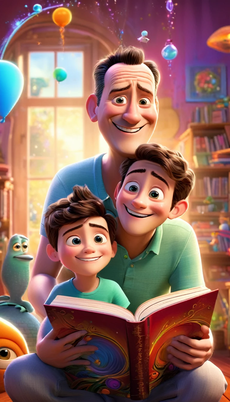 (wide amgle:1.2),(bright and vibrant colors), (highres), (realistic:1.37), Disney Pixar Movie poster, (art by Kevin James), skinny, no muscle, (55 years old man and his son),father and son, (beautiful detailed eyes:1.1), (beautiful detailed lips:1.1), smiling with a warm expression, (charming appearance:1.1), (professional lighting), (ultra-fine rendering), upper body shot, (expressive facial features:1.1), reading a book to the son, (reading intently:1.1), surrounded by magical elements representing different Pixar movies, (dynamic composition), (whimsical details), (playful characters), vibrant background, filled with color and joy, (3D render), (fantastical art style), (nostalgic aesthetic), (attention to detail:1.1).
