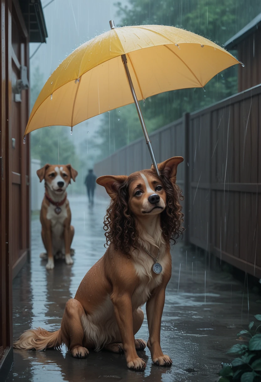 In the midst of a rainy day, a girl and her dog find shelter under a bright yellow umbrella. The girl's curly hair is damp and her dog's fur is matted, but they both wear contented smiles as they watch the rain fall around them.