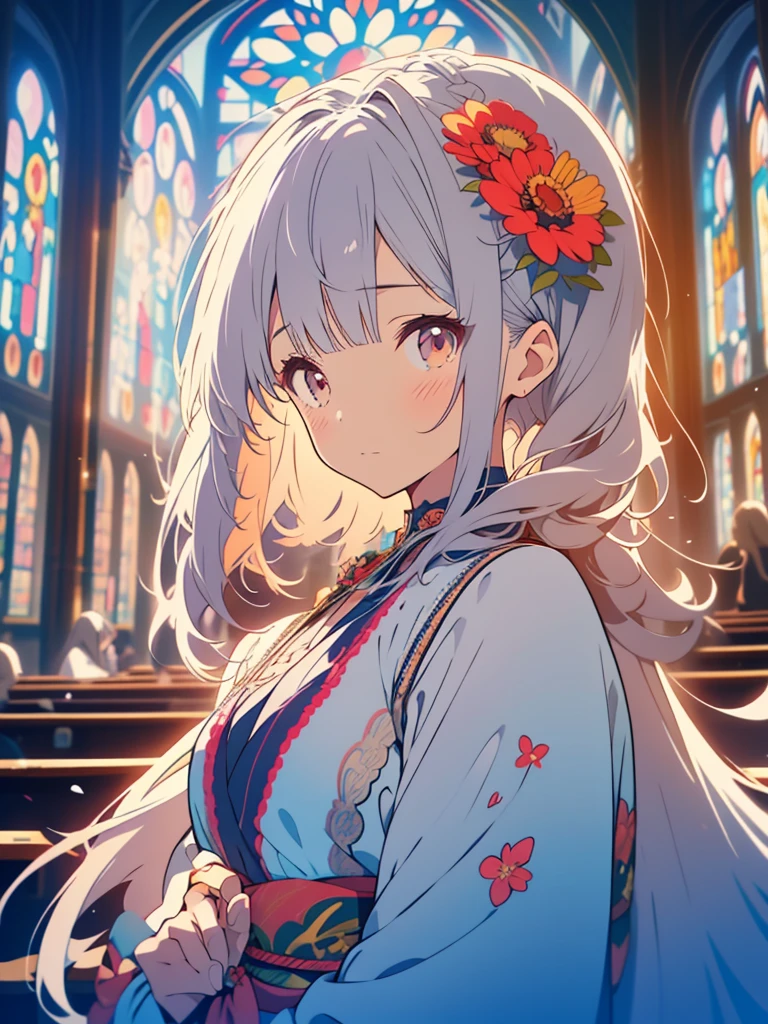 kawaii, anime, Cute, hyper quality, highly detailed, 8k, Clarity, Draw facial expressions in detail, Two sisters with short light silver hair and closed eyes, Zinnia, colorful zinnias, upper body, close your eyes and say a prayer, collapsed church, Stained glass, light shines in, growing weeds, Close ~ eyes, praying expression, plain sister clothes, drawing two sisters, facing sideways, profile, pale lapis lazuli eyes, highlight on eyes, sad expression, drawing two people, 	