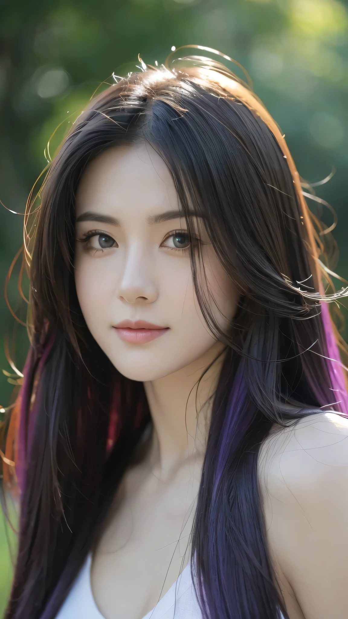 a detailed realistic portrait of a woman, long purple hair, beautiful detailed eyes, beautiful detailed lips, extremely detailed face, highly detailed skin texture, hyper realistic, realistic lighting, photorealistic, cinematic lighting, 8k, best quality, masterpiece, award winning, sharp focus, ultra-detailed, high-resolution, physically-based rendering, vivid colors, natural skin tones