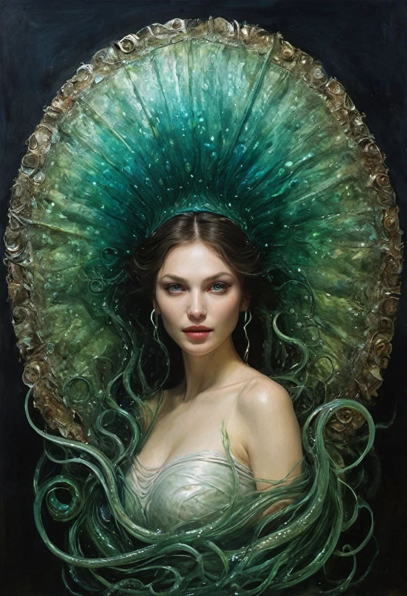 painting of (A close-up portrait of one beautiful evil slavic 40 year old woman alien:1.4), (realistic face:1.2), octopus tentacles, (Numerous award-winning masterpieces, with incredible detail, textures and maximum detail), artistic photography, midnight aura, unreal engine 5, Ultra Sharp Focus, art by Amano Yoshitaka, ArtGerm, Roisch, intricate artwork, ultra realistic realism, high resolution, High freshness, drawing faithfully, official art, Unity 8K Wall paper, ultra detailed artistic photography, dream-like, Creation of fantasy, dream Snail, (biopunk nautilus:1.3),Thrilling color schemes, seductively smiling, Amazing mutation, well-proportioned body, goddess of the deep sea, fractal, Geometric pattern, impossible figures, (translucent white tentacles with luminescent:1.4), subtle emerald green accents, (smiling seductively:1.3),(She has the most beautiful face in the history of the universe:1.5), (she is looking down at viewers with glowing iridescent eyes with no pupils:1.3), an evil gaze, cinematic lighting, (Vampire-like long canine teeth can be glimpsed through the gap between the cute lips:1.3), in the hall of the palace, Sweet breath is exhaling from beautiful lips, ecstatic expression, dark atmosphere, cinematic scene, volumetric lights, ultra realistic, in the style of nicola samori