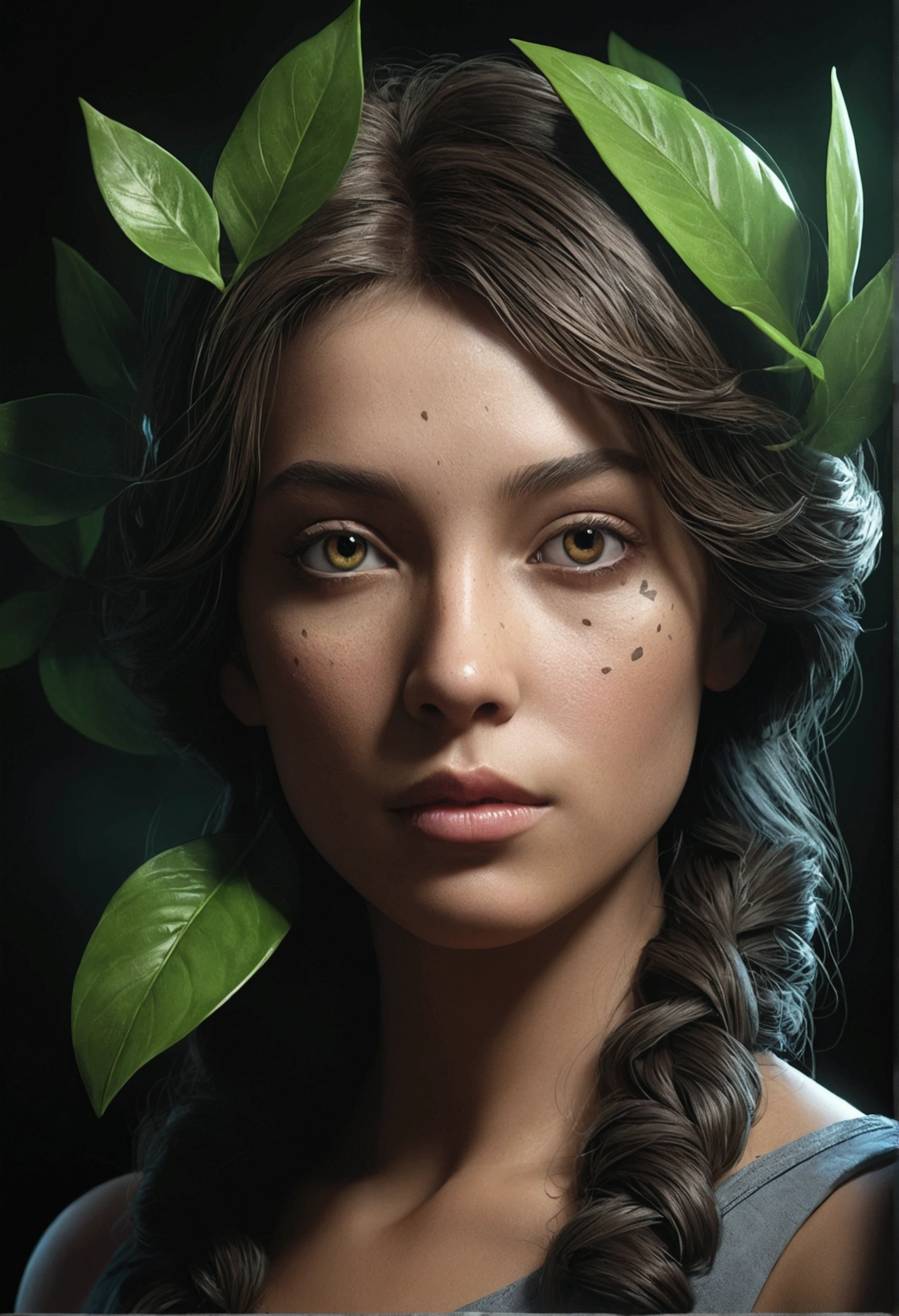 Surrealistic portrait: Create a portrait of a character by mixing realistic and surreal elements. For example, you can combine the human face with elements of animals, plants or inanimate objects.front focus), (in the dark:1.6), portrait, fantasy art, realistic photo, dynamic lighting, artstation, poster, volumetric lighting, very detailed faces, 4 k, award-winning