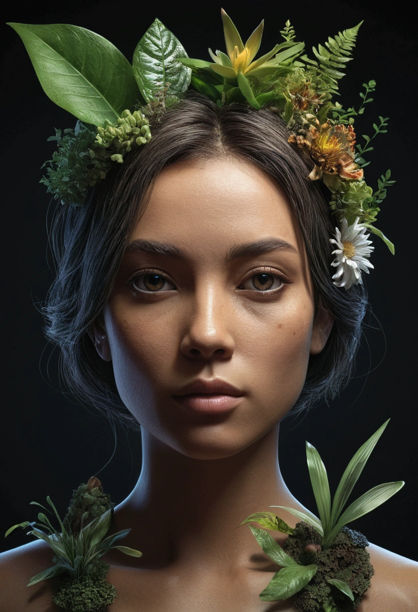 Surrealistic portrait: Create a portrait of a character by mixing realistic and surreal elements. For example, you can combine the human face with elements of animals, plants or inanimate objects.front focus), (in the dark:1.6), portrait, fantasy art, realistic photo, dynamic lighting, artstation, poster, volumetric lighting, very detailed faces, 4 k, award-winning  