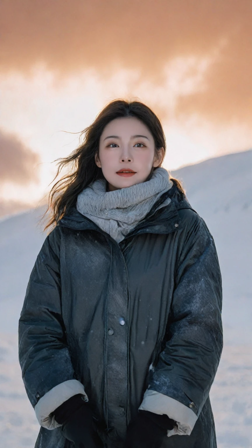 A woman covered her face and riding a fine horse,Rembrandt Light,Saint Laurent style,Foggy weather,Major Snow,gale,Surreal Dramatic Light Shadow (Lofi, Simulation, Kodak Film),(Movie, black, white:1.4)(hdr:1.2),low contrast,low saturation,texture,8k,4k,(The background is the Snow and Snow Mountains:1),Heavy snowfall falling,Wide angle lens,Photography Color,Panoramic shooting,golden hour,aesthetic of mosaic art,unconventional supreme masterpiece,masterful details,temperate atmosphere,(balanced center composition:0.5),with a high-end texture,in the style of fashion photography,magazine cover,Dynamic Angle,Dynamic posture,Perspective,High Point,pov,clouds on the ground,dark grey sky with neon orange clouds,glowing neon light orange and pink color tone,low saturations,dim lighting,