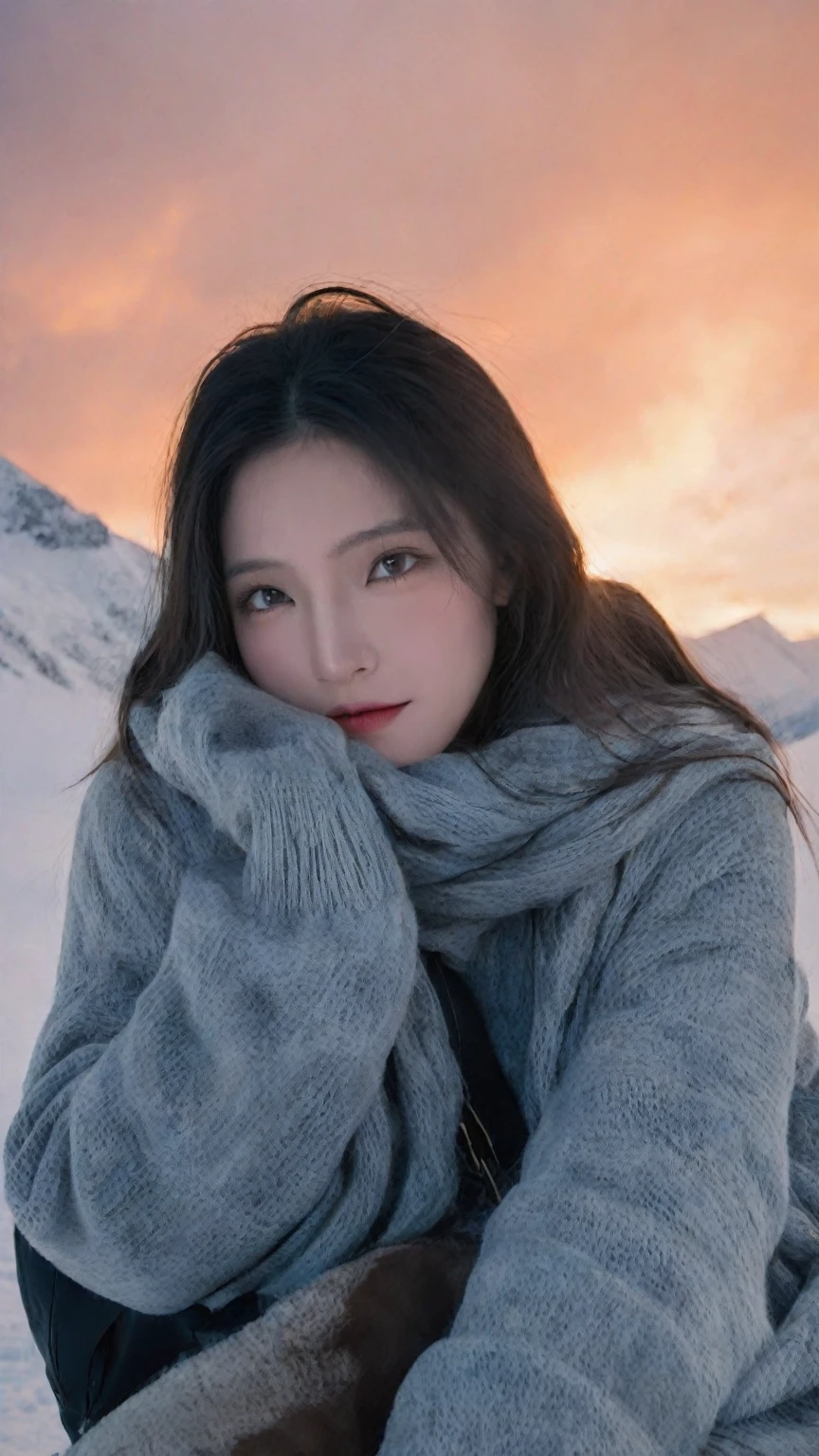 A woman covered her face and riding a fine horse,Rembrandt Light,Saint Laurent style,Foggy weather,Major Snow,gale,Surreal Dramatic Light Shadow (Lofi, Simulation, Kodak Film),(Movie, black, white:1.4)(hdr:1.2),low contrast,low saturation,texture,8k,4k,(The background is the Snow and Snow Mountains:1),Heavy snowfall falling,Wide angle lens,Photography Color,Panoramic shooting,golden hour,aesthetic of mosaic art,unconventional supreme masterpiece,masterful details,temperate atmosphere,(balanced center composition:0.5),with a high-end texture,in the style of fashion photography,magazine cover,Dynamic Angle,Dynamic posture,Perspective,High Point,pov,clouds on the ground,dark grey sky with neon orange clouds,glowing neon light orange and pink color tone,low saturations,dim lighting,