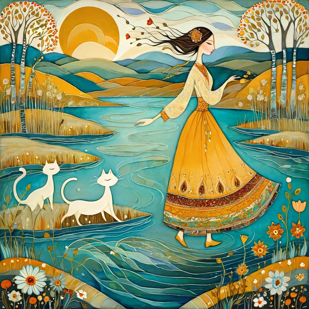 Not style by Albena Vatcheva. stylized figures. Ethereal woman, wearing a wide skirt with flower and leaf motifs, walks on the waters of a river, on the banks of the river turquoise cats walk. In the background a mustard-colored sun, rolling hills, Birch trees, poppy flowers and dandelions blooming.