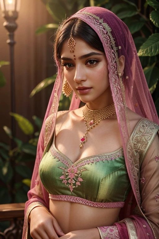 A women in a pink with a pink and green veil, An empress rose artisanally transitions into the depth of cherry pinks on a lustrous velvet base, Hand embroidered intricately with our signature silver and gold zardozi embroidery infused with the beauty of badla work., shades of green and pink, very beautiful lehenga style, with intricate details, beauteous sumptuous a beautiful girl, beautiful detailed eyes, beautiful detailed lips, extremely detailed face and skin, long eyelashes, graceful pose, serene expression, cinematic lighting, award-winning digital art, highly detailed, 8k, photorealistic, masterpiece, vibrant colors, dramatic lighting