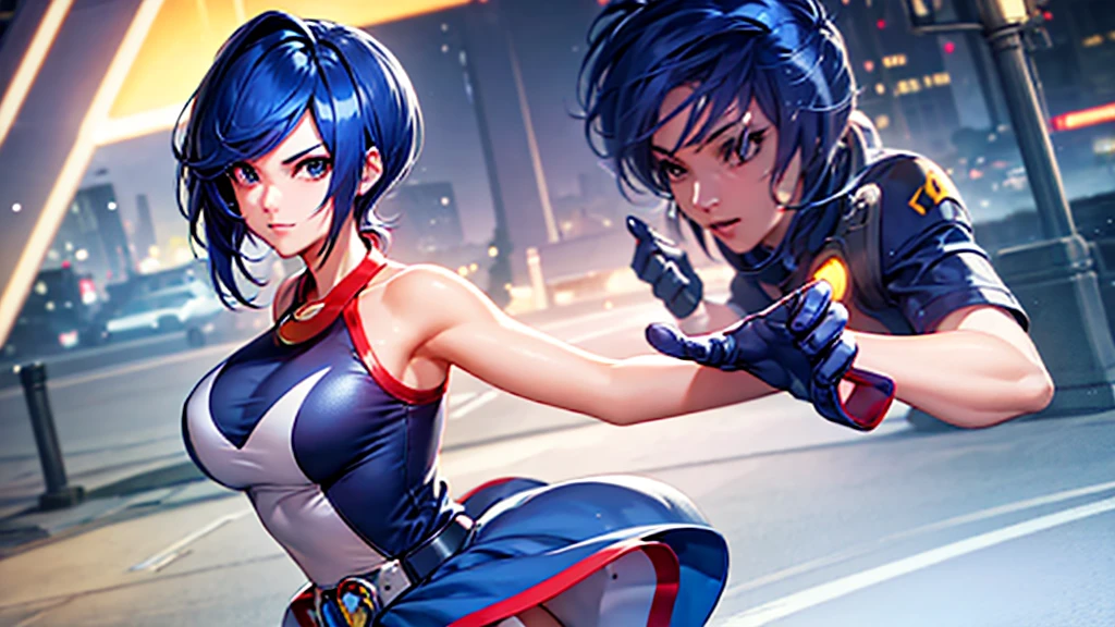 (at night), alone, in a video game scene a background of a beautiful city during the day raining, standing at attention, semi-short blue hair, anime frog face blouse, white flared pants, wears blue exercise gloves, has round glasses on her head, WEARS a RED scarf around her neck, huge belt with big round evilla, ((blue hair)), 1 girl, alone, 20 years old, young woman, perfect hands, beautiful and perfect fingers, long legs beautiful, perfect legs, beautiful body, beautiful nose, beautiful character design, perfect face, look at the viewer with serious gesture and in attack position (focusing on his face), closed mouth, Light_Smile, official art, CG unity wallpaper Extremely detailed 8k, perfect lighting, bright and colorful front lighting, glowing skin (masterpiece: 1.0), (best_quality: 1.0), ultra-high resolution, 4K, ultra-detailed photography, 8K, HDR, high resolution, nonsense: 1.2, Kodak portra 400, film grain, blurred background, bokeh: 1.2, lens flare, (vibrant_color:1.2), professional photography, (beautiful_face: 1.5), (narrow waist),
