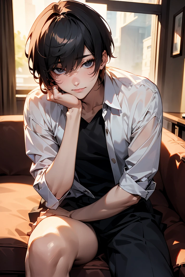 male character, young adult, yandere, soft smile, completely black eyes, red short hair in wolfcut, stylish and modern clothes, pale skin, looking at camera, resting his face on his hand, date night, warm colors, innocent look but something feels off.