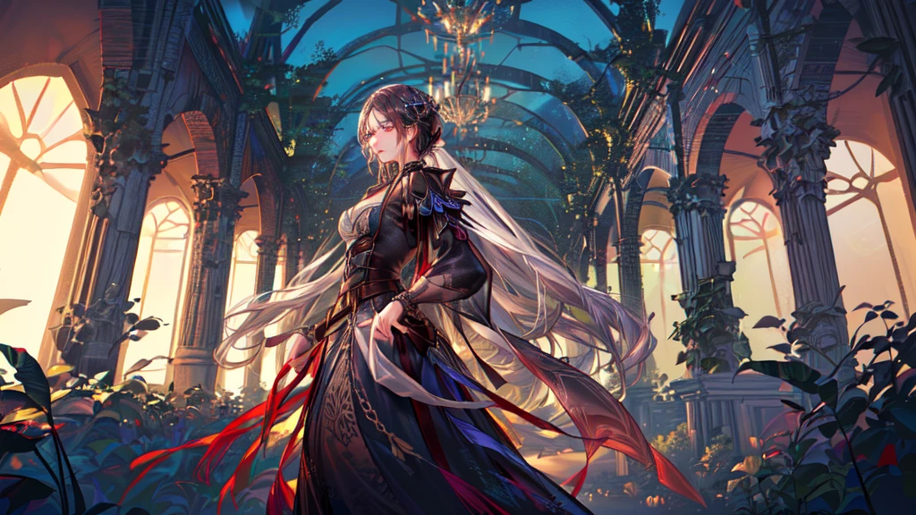 "A stunning mature woman with flowing white hair tied to the side, piercing red eyes glowing with intensity, adorned in a white desert cloak, standing in a fantasy forest full of plants