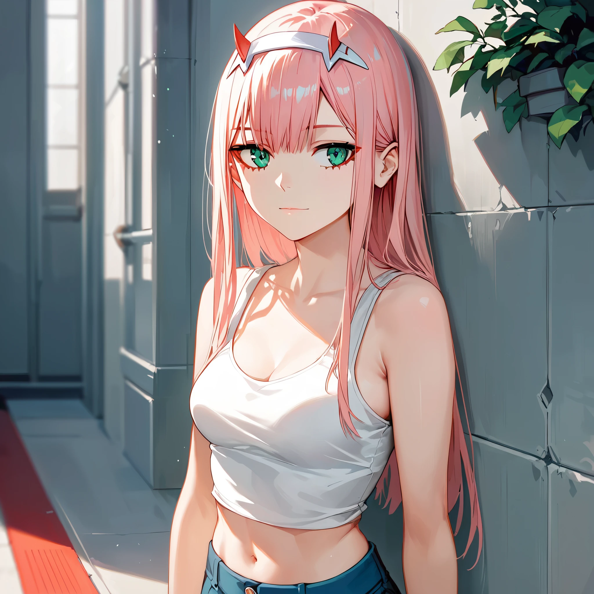 score_9, score_8_up, score_7_up,source_anime, high res image,masterpiece,best quality,girl,cute face,clear skin,zero_two_darling_in_the_franxx,tanktop,