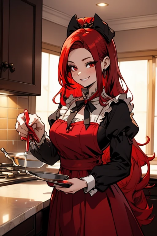 Perfect face. Perfect hands. A red haired woman with red eyes and an hourglass figure in a Lolita maid dress is smiling while making tea in a fancy kitchen