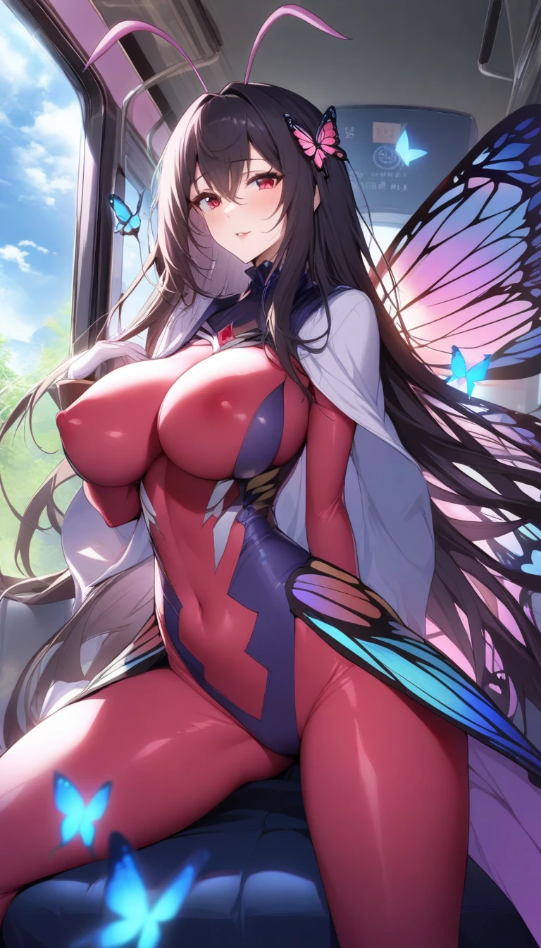 masterpiece, best quality, very aesthetic, absurdres, 1girl, mature_lady,pink_bodysuit,red_bodysuit,covered_nipple,,kuroyukihime, accel_world, 1girl, antennae, black_hair, long_hair, very_long_hair, red_eyes, butterfly_wings, insect_wings, wings, hair_ornament,,in a bus,luminous butterflies, fluttering butterflies,