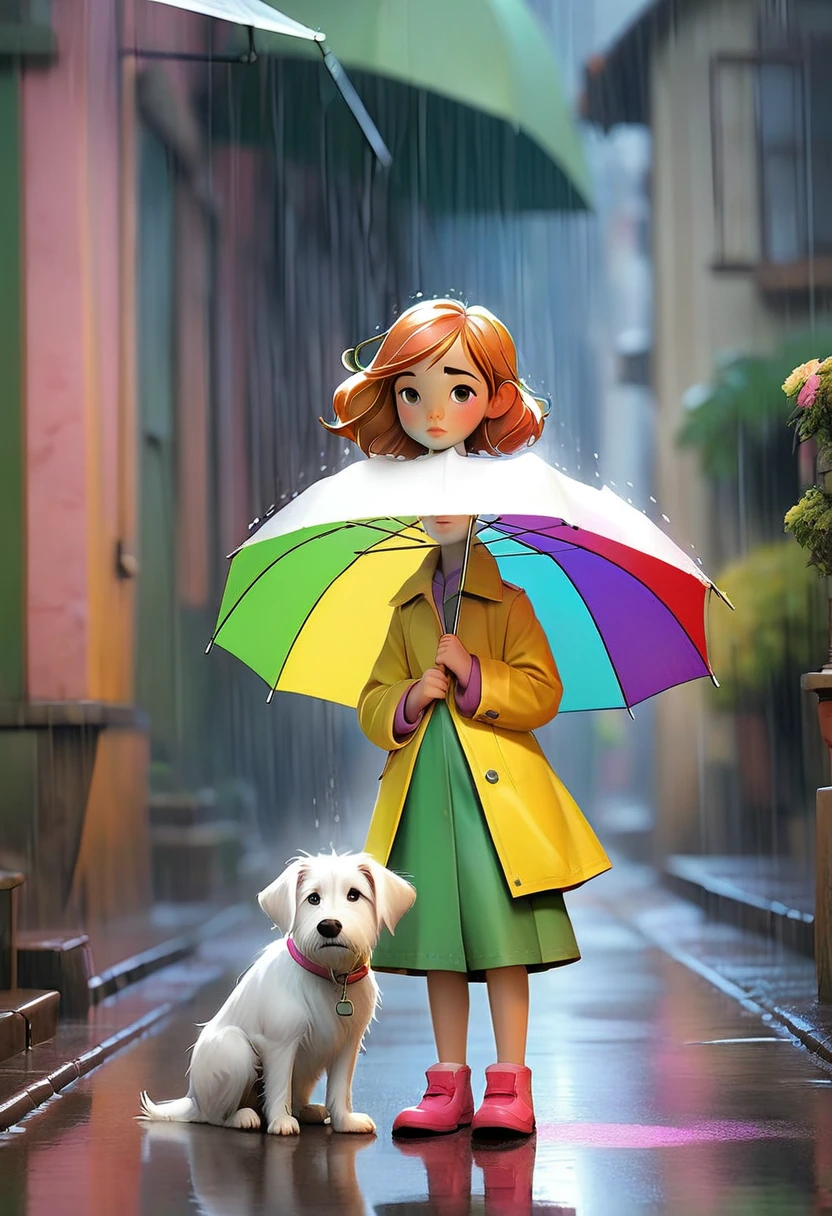 A young girl with rosy cheeks stands on a quiet side street, her colorful umbrella shielding her from the rain. Her loyal white dog stands by her side, looking up at her with adoring eyes.