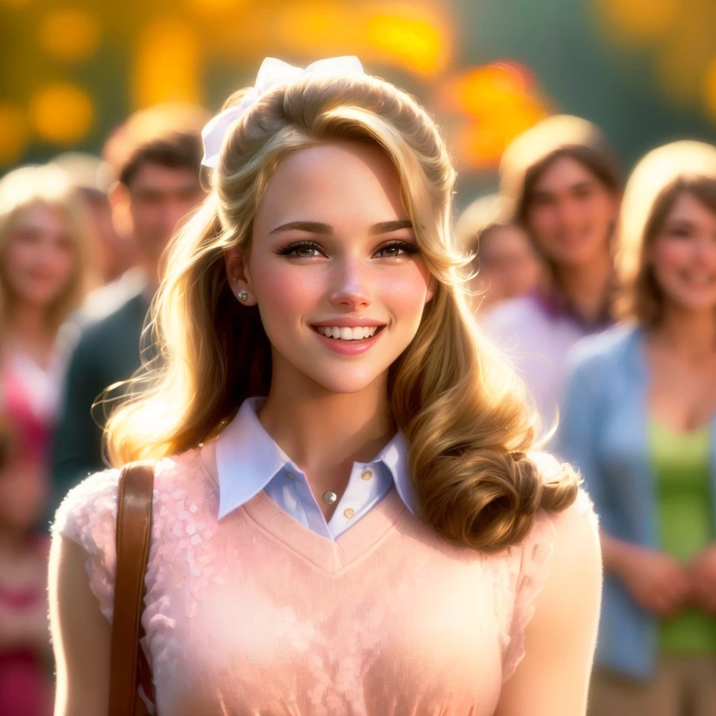 arafed woman with a smile on her face in front of a crowd, betty cooper, young scarlett johansson, annasophia robb as aphrodite, promotional still, young natalie portman, school girl, movie promotional image, wonderful scene, a hyperrealistic , joyful smirk, rachel mcadams, high quality film still, charming smile, reese witherspoon