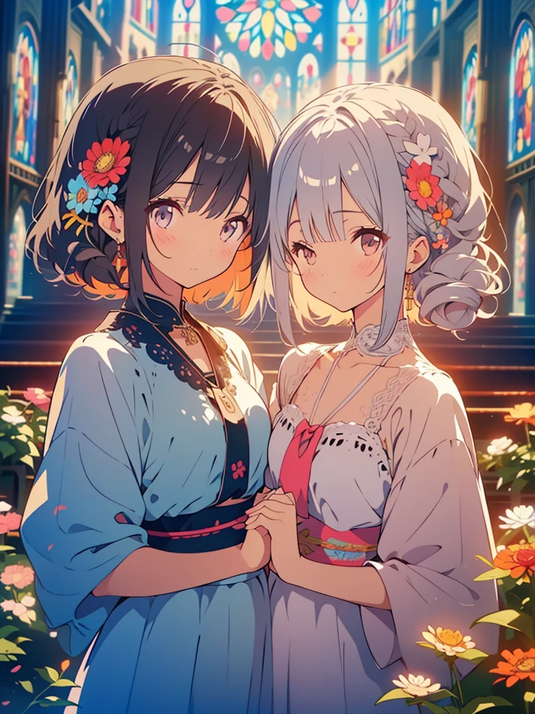 kawaii, anime, Cute, hyper quality, highly detailed, 8k, Clarity, Draw facial expressions in detail, Two sisters with short light silver hair and closed eyes, Zinnia, colorful zinnias, upper body, close your eyes and say a prayer, collapsed church, Stained glass, light shines in, growing weeds, Close ~ eyes, praying expression, plain sister clothes, drawing two sisters, facing sideways, profile, pale lapis lazuli eyes, highlight on eyes, sad expression, drawing two people, two sisters, Symmetrical, intertwine hands,