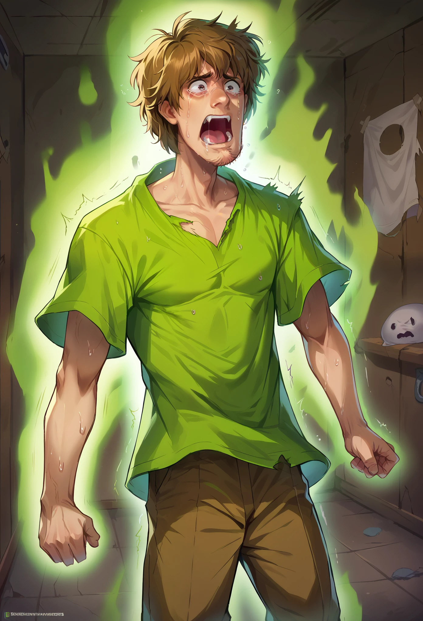 score_9, score_8_up, score_7_up, 1boy, solo, Shaggy Rogers, brown hair, green shirt, brown pants, standing, scared face, sweating, shaking, stiff arms, ((ghost possession)), white aura, screaming, inside a room, abandoned room, dark room, night