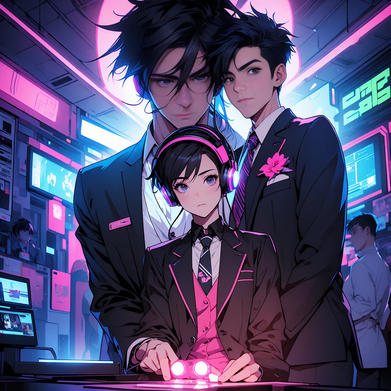 Anime-style digital art featuring two characters in a neon-lit room. The layout is centered with the characters in the foreground. The male character has short, dark hair, skin fair, with a stronger chin, wearing a gaming headset and a blazer, necktie, and a flower pin. The female character has short pixie cut hair, skin fair, and is wearing a similar with a blazer and necktie, along with large headphones. Behind them, there's a neon sign that says 'Hack my Heart' in pink and blue. The background includes several digital screens and a bar with drinks. The overall color scheme is vibrant with a focus on neon pink and blue tones..