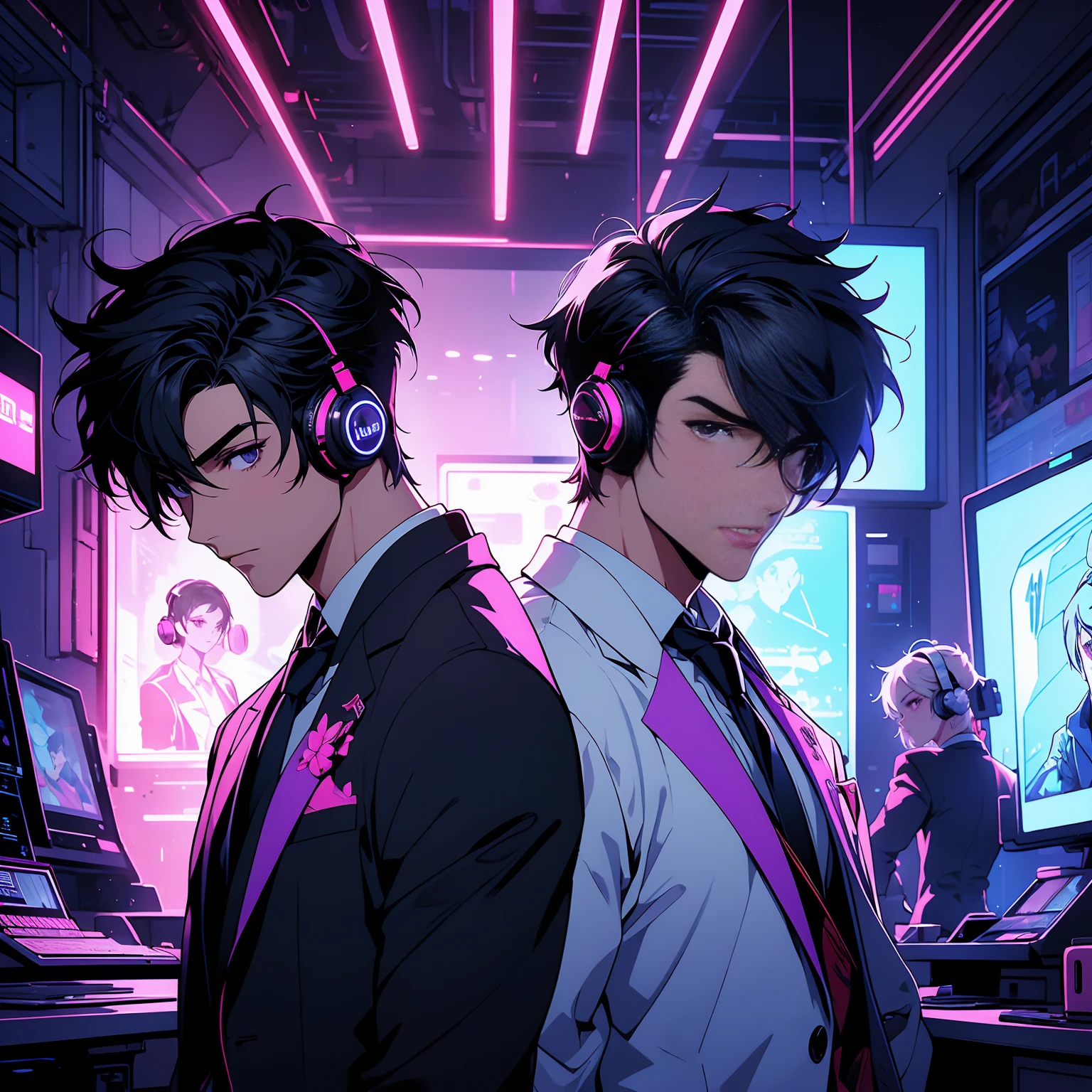 Anime-style digital art featuring two characters in a neon-lit room. The layout is centered with the characters in the foreground. The male character has short, dark hair, skin fair, with a stronger chin, wearing a gaming headset and a blazer, necktie, and a flower pin. The female character has short pixie cut hair, skin fair, and is wearing a similar with a blazer and necktie, along with large headphones. Behind them, there&#39;s a neon sign that says &#39;Hack my Heart&#39; in pink and blue. The background includes several digital screens and a bar with drinks. The overall color scheme is vibrant with a focus on neon pink and blue tones..
