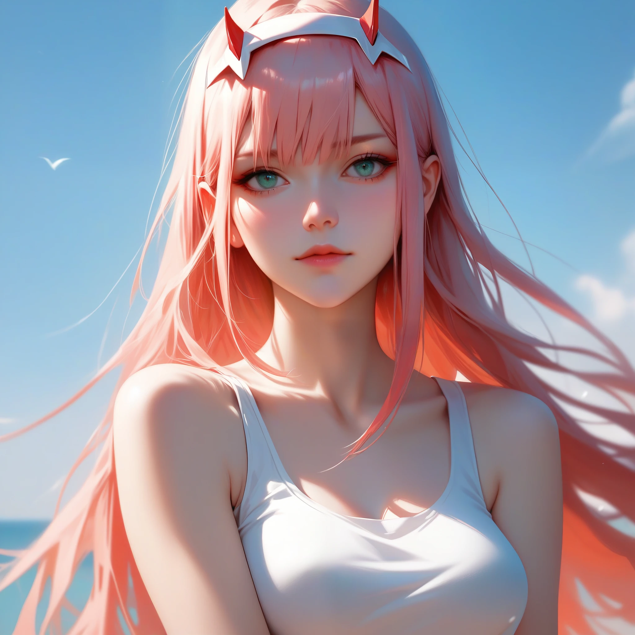 score_9, score_8_up, score_7_up,source_anime, high res image,masterpiece,best quality,girl,cute face,clear skin,zero_two_darling_in_the_franxx,tanktop,