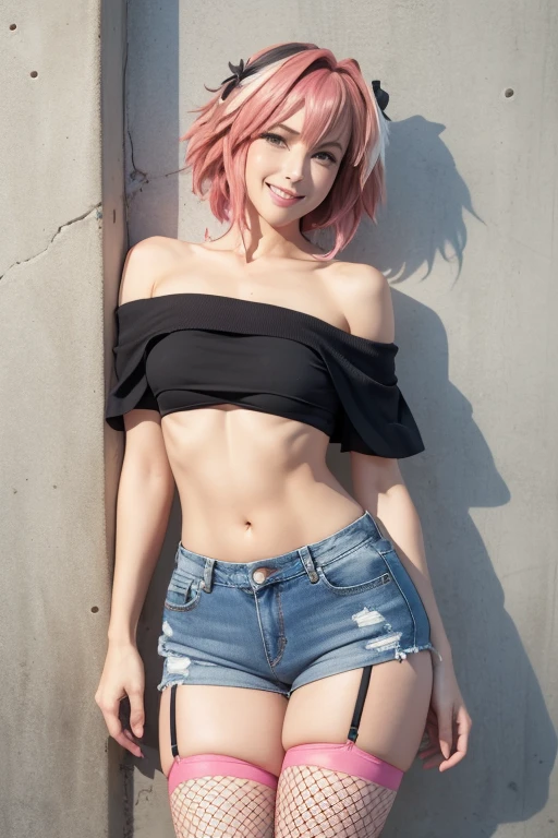 astolfo, big breasts, sexy smile, Girl, fluorescent pink hair, spiky hair, short hair, a long braid, lock of white hair on left side, denim micro shorts, off shoulder micro top, breasts peeking out, long fishnet stockings, female, leaning on wall