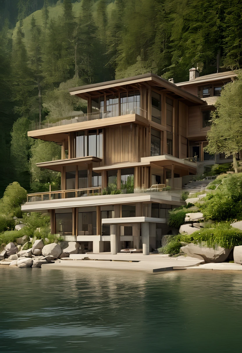 a close up of a building near a body of water, build in a forest near of a lake, realistic architecture, integrated in the mountains, beautiful render of a landscape, stunning render, nature meets architecture, house in forest, very close to real nature, realistic fantasy render, peaceful wooden mansion, soothing and cozy landscape, breathtaking render, beautiful detailed scene