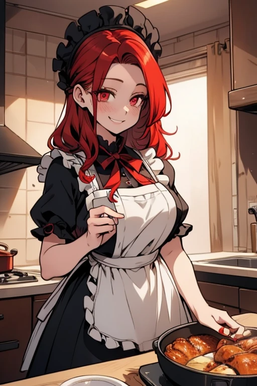 Perfect face. Perfect hands. A red haired woman with red eyes and an hourglass figure in a Lolita maid dress is smiling while baking in a fancy kitchen