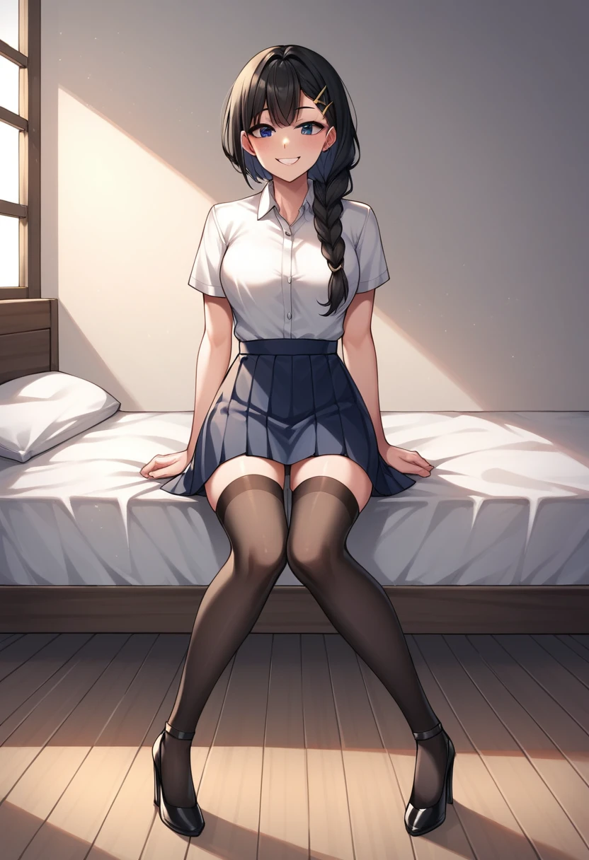 score_9, score_8_up, score_7_up, score_6_up, score_5_up, score_4_up, source_anime, 1woman,lora:unohanaretsu-nvwls-v1-000009:0.9> unohana retsu, single braid, upper body, black hair, black eyes, smile, sit, bed, white shirt, skirts, stockings, high heels, room, best quality, best res, 4K UHD,