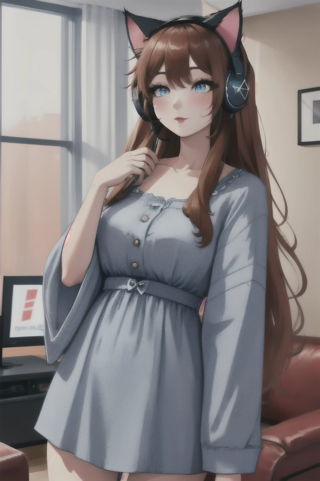 a one woman, russet hair, Super long hair, blue colored eyes, (langerie), in a living room, cat ear headphones, wide shot, uhd, high quality, best quality, highres, 8k
