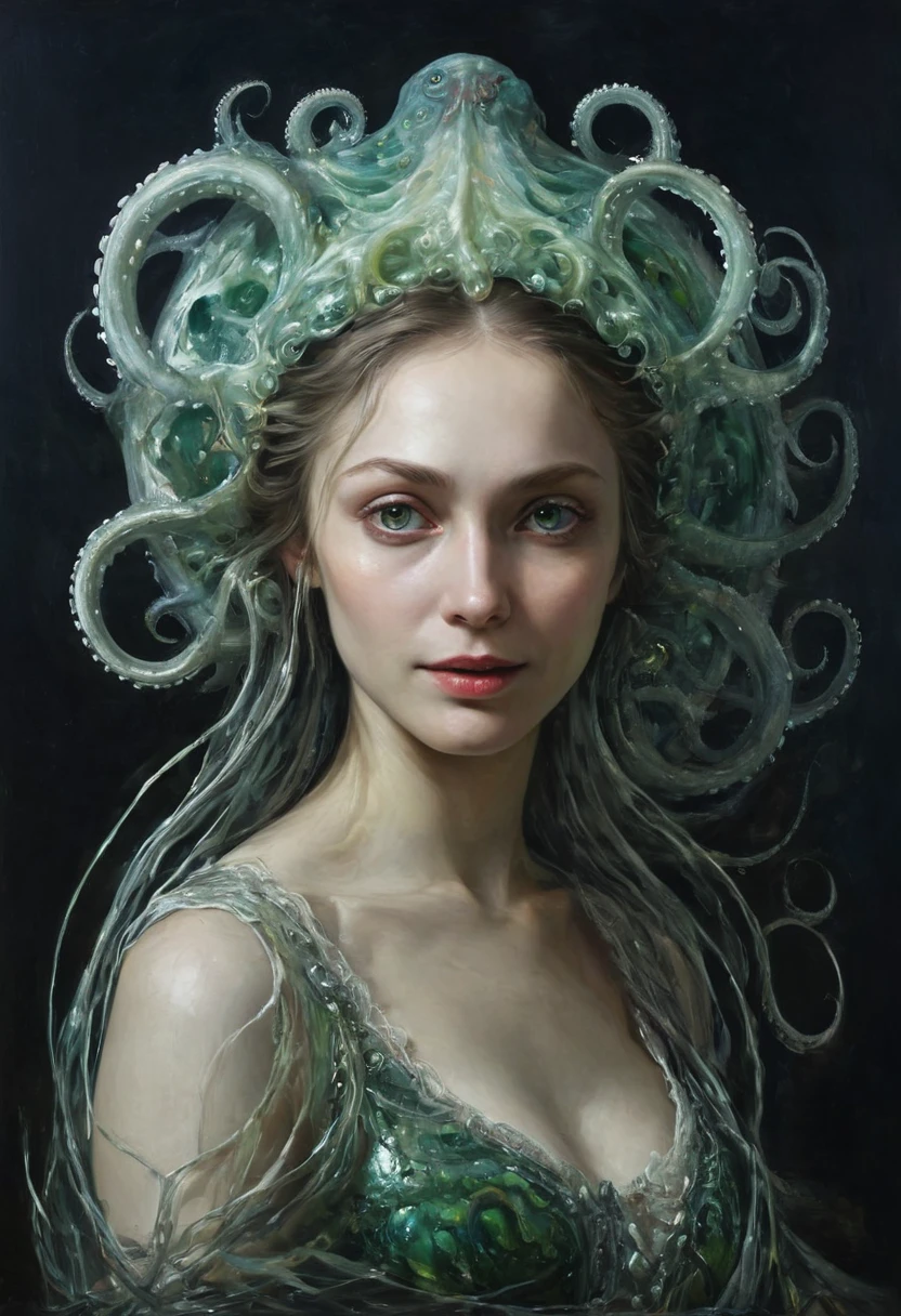 painting of (A close-up portrait of one beautiful evil slavic 40 year old woman alien:1.4), (realistic face:1.2), octopus tentacles, (Numerous award-winning masterpieces, with incredible detail, textures and maximum detail), artistic photography, midnight aura, unreal engine 5, Ultra Sharp Focus, art by Amano Yoshitaka, ArtGerm, Roisch, intricate artwork, ultra realistic realism, high resolution, High freshness, drawing faithfully, official art, Unity 8K Wall paper, ultra detailed artistic photography, dream-like, Creation of fantasy, dream Snail, (biopunk nautilus:1.3),Thrilling color schemes, seductively smiling, Amazing mutation, well-proportioned body, goddess of the deep sea, fractal, Geometric pattern, impossible figures, (translucent white tentacles with luminescent:1.4), subtle emerald green accents, (smiling seductively:1.3),(She has the most beautiful face in the history of the universe:1.5), (she is looking down at viewers with glowing iridescent eyes with no pupils:1.3), an evil gaze, cinematic lighting, (Vampire-like long canine teeth can be glimpsed through the gap between the cute lips:1.3), in the hall of the palace, Sweet breath is exhaling from beautiful lips, ecstatic expression, dark atmosphere, cinematic scene, volumetric lights, ultra realistic, in the style of nicola samori