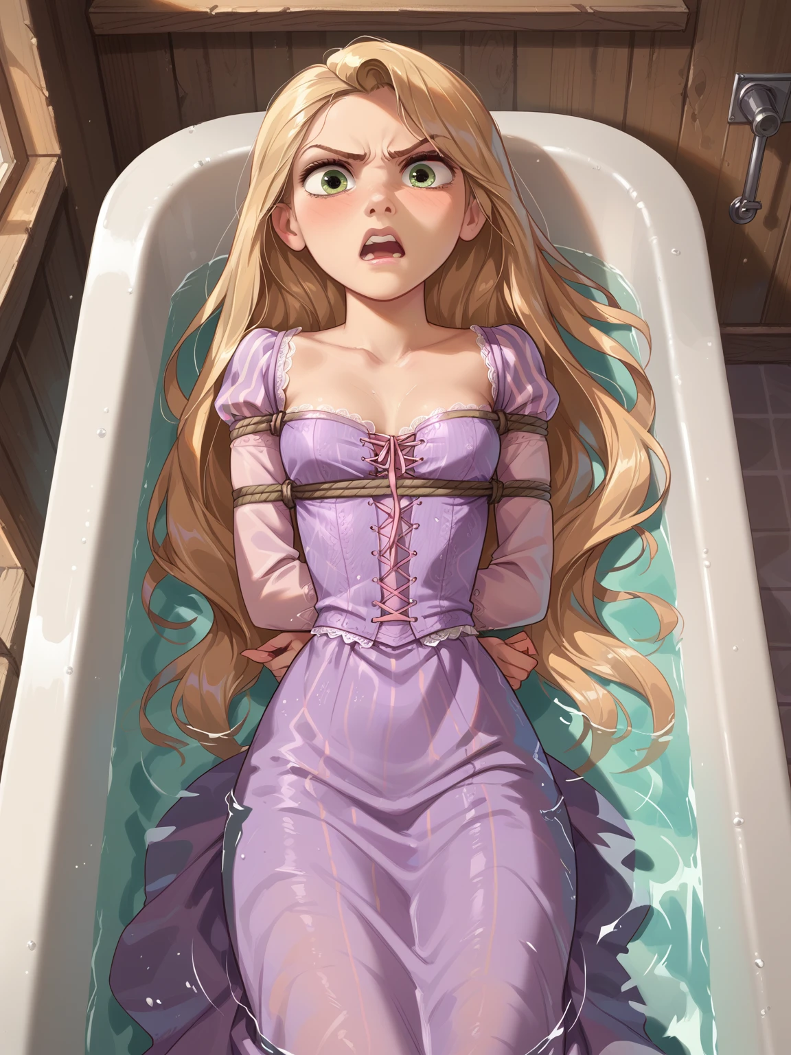 score_9, score_8_up, score_7_up, 1girl ,rapunzel, bondage breast, rope bondage, dress, angry face, open mouth, hands behind back, arms bound, on back, lay back, leaning on bath up, bath up, drown, water over body, in bath up