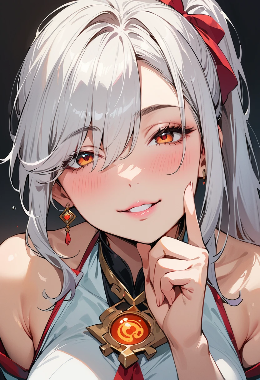 (masterpiece, best quality:1.4), 1 girl, 独奏, Red pupil, Blurred eyes, Smile, Look up and down, Pink lower lip, Left index finger touching face, Silver asymmetrical hairstyle, Long bangs on one side, High ponytail royal sister, Huge breasts, White Dress, Vision, black background.