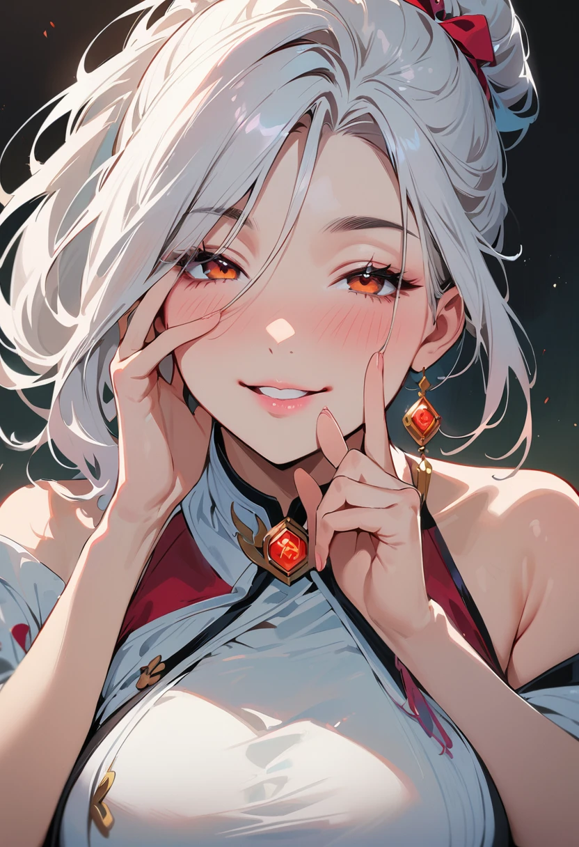 (masterpiece, best quality:1.4), 1 girl, 独奏, Red pupil, Blurred eyes, Smile, Look up and down, Pink lower lip, Left index finger touching face, Silver asymmetrical hairstyle, Long bangs on one side, High ponytail royal sister, Huge breasts, White Dress, Vision, black background.