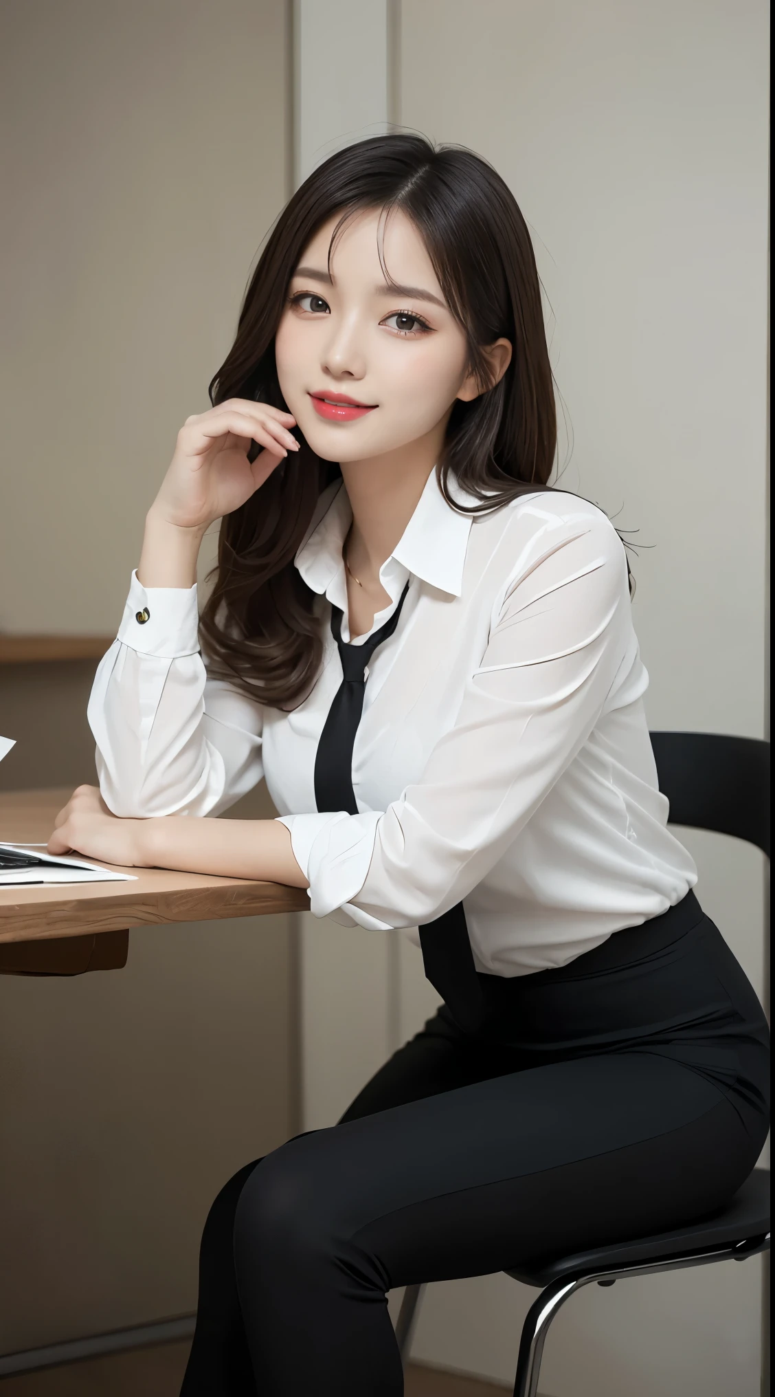 on the table, best quality, illustration, Super detailed, fine details, high resolution, 8k wallpaper, Perfect dynamic composition, Beautiful and delicate eyes, business suit,hort hair，natural color lips, sit on the chair，cross legs,Smile、25 year old girl，red eye shadow，Wear black leggings，
