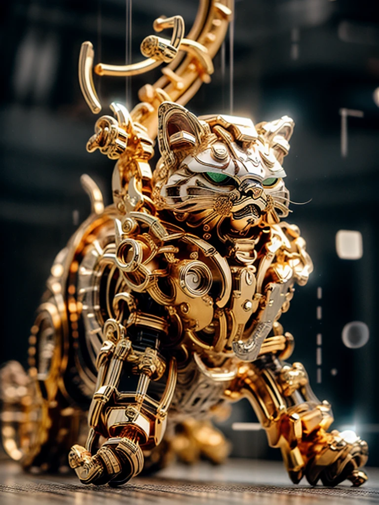 1 cat, best quality, 8k, masterpiece, realistic, depth of field, long exposure, selective focus, low angle shot, IvoryGoldAI:1.2, gold and white metal cat:1.3, full body, long exposure, very complicated pattern derive from fur:1.2, white and gold mechanical cat:1.3, gears:1.3, clockwork cat:1.3, shiny, correct cat anatomy:1.2