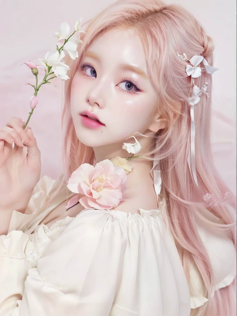 a closeup of a person holding a flower in his hand, ulzzang, pastel pink skin tone, pastel pink, combine, pale porcelain white skin, South Korean popular makeup, popular korean makeup, cute aesthetic with flutter, pale milky white porcelain skin, kawaii aesthetic, estética de combines, Kawaii realistic portrait, beautiful pale makeup, guweiz, pastel pink