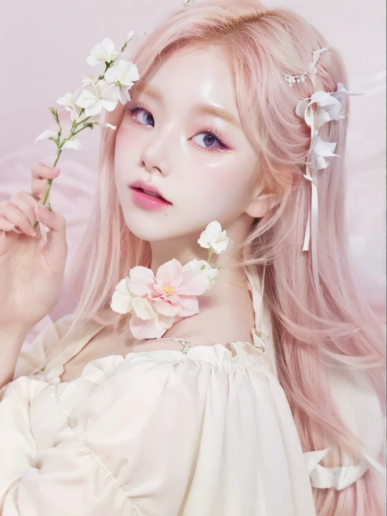 a closeup of a person holding a flower in his hand, ulzzang, pastel pink skin tone, pastel pink, combine, pale porcelain white skin, South Korean popular makeup, popular korean makeup, cute aesthetic with flutter, pale milky white porcelain skin, kawaii aesthetic, estética de combines, Kawaii realistic portrait, beautiful pale makeup, guweiz, pastel pink