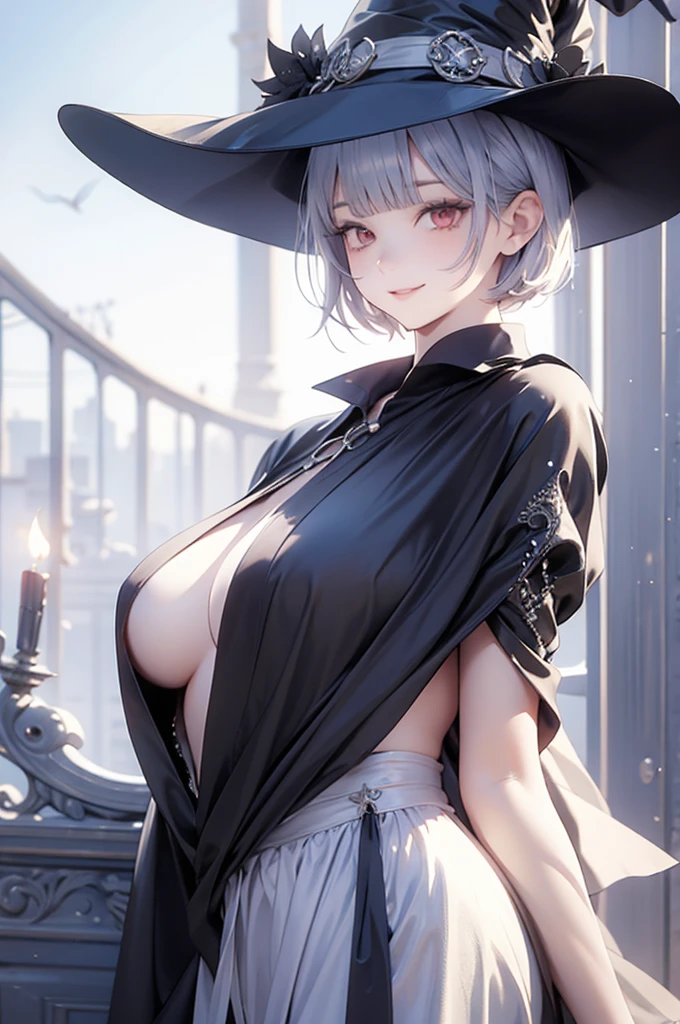 masterpiece, best quality, 1 girl, solo, large breasts, red eyes, nervous smile, blunt bangs, brond hair, short hair, cute witch, witch hat, ancient magic world, fantasy world, back shot