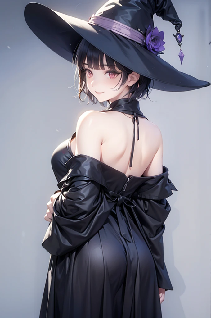 masterpiece, best quality, 1 girl, solo, large breasts, red eyes, nervous smile, blunt bangs, brond hair, short hair, cute witch, witch hat, ancient magic world, fantasy world, back shot