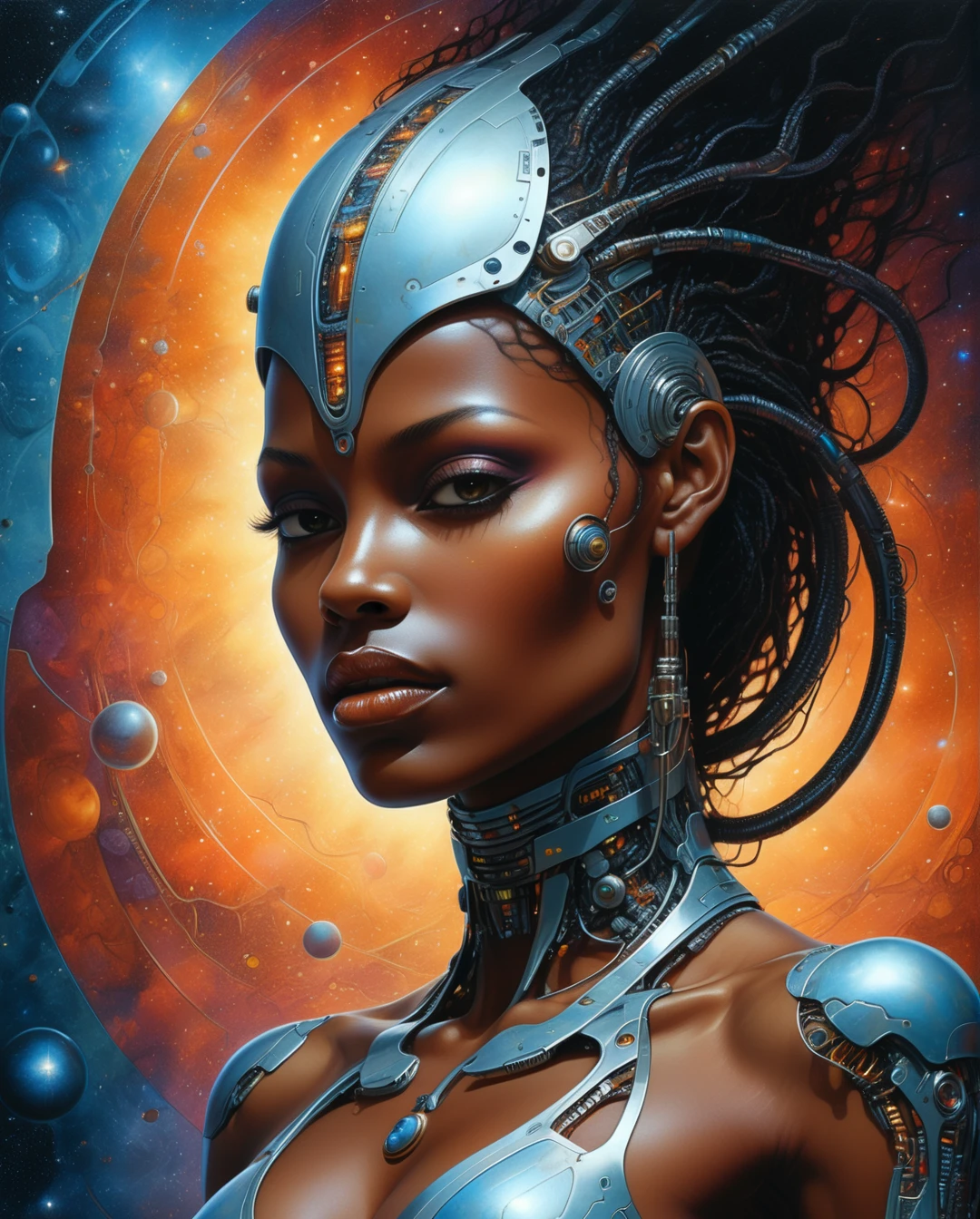 Mobis (Jean Giraud) Style - A picture by Jean Giraud Mobis, An up-close image of a stunning ebony woman with a futuristic body and head, portraying a beautiful sci-fi girl. This artwork captures the essence of science fiction and showcases incredible digital art skills. The depiction of a cyborg goddess in the cosmos is highly detailed and presented in 8K resolution. Inspired by the works of Marek Okon and Tomasz Alen Kopera, this piece incorporates elements of 80s style and futuristic aesthetics.