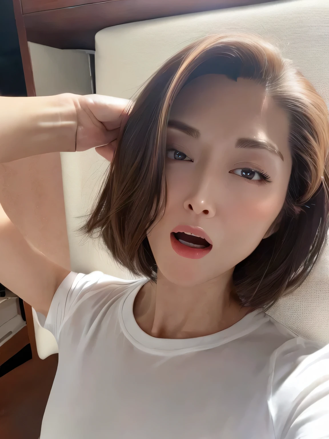 (Yawning:1.4)、(Close-up photo with focus on face)、Beautiful Japanese Women、28 years old、Plain white T-shirt、Light Brown Hair、hair slicked back、Drooping eyes、Brown eyes、Depth of written boundary、First Person View、 Perfect Makeup、Lip gloss、Short Hair、Combing her hair back、