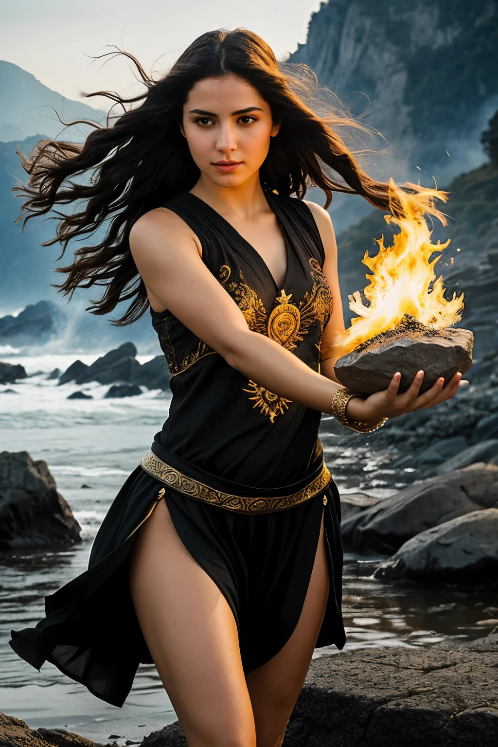 Generate an epic fantasy style image of a beautiful girl like a goddess, with eyes black as onyx. The girl is surrounded by the four elements: fire, Water, land and air. El fire arde intensamente en una mano, el Water fluye grácilmente en la otra, The earth rises forming rocks at her feet and the air blows moving her hair.. The girl has a serene and powerful expression, with an ethereal dress that seems to be made of light and shadows. Title "The Autokrátor's of the Elements" appears at the top, with golden letters and a mystical touch.