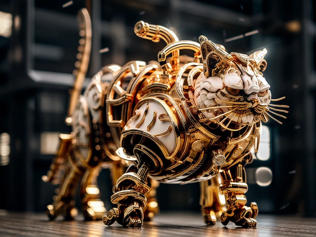 1 cat, best quality, 8k, masterpiece, realistic, depth of field, long exposure, selective focus, low angle shot, IvoryGoldAI:1.2, gold and white metal cat:1.3, full body, long exposure, very complicated pattern derive from fur:1.2, white and gold mechanical cat:1.3, gears:1.3, clockwork cat:1.3, shiny, correct cat anatomy:1.2