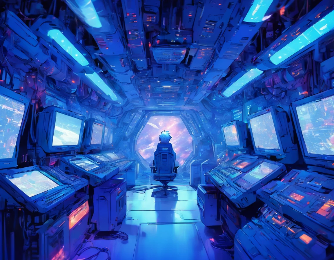 a closeup of a room with many computers and monitors, High-tech spaceship interior., futuristic spaceship interior, Inside a spaceship, Spaceship interior, Interior of an alien spaceship, in a futuristic spaceship, detailed Spaceship interior, science fiction interior, futuristic interior, Inside a spaceship, futuristic environment, science fiction room, futuristic room, space station interior white-haired-blue-eyed boy sitting inside